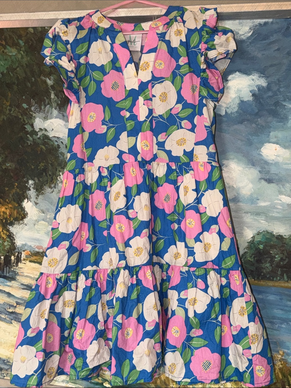 Shop the Mint Girls Blue Floral Tiered Dress with Pink & White Blooms EUC SIZE S